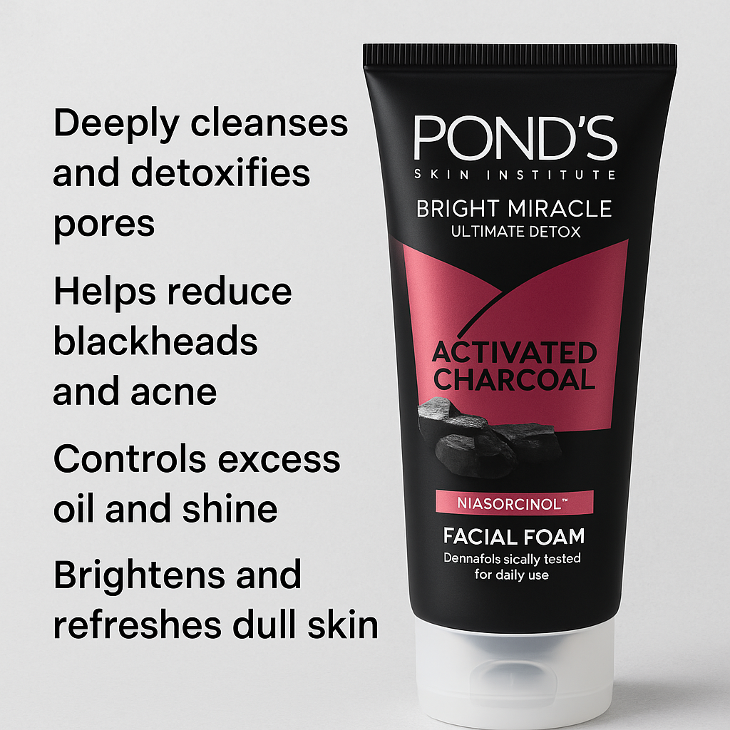 Pond's Bright Miracle Activated Charcoal Facial Foam – Ultimate Detox with Niasorcinol™