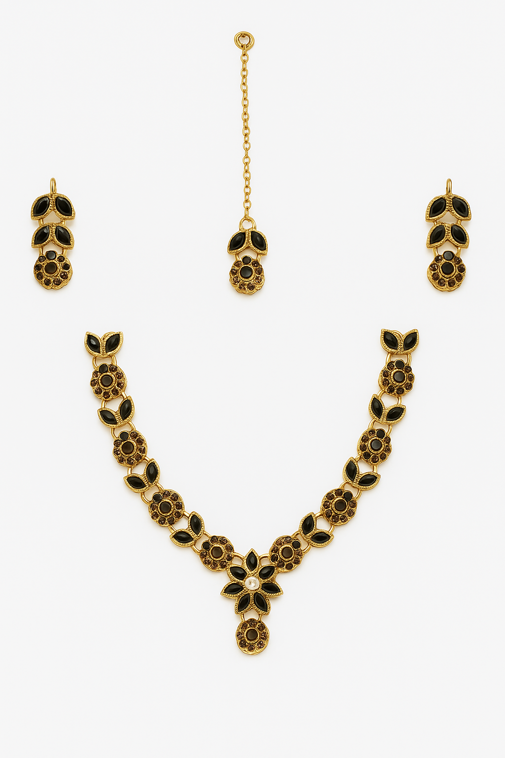 "Elegant Red Stone Floral Jewelry Set – Necklace, Earrings & Maang Tikka – Gold Plated Bridal Set"