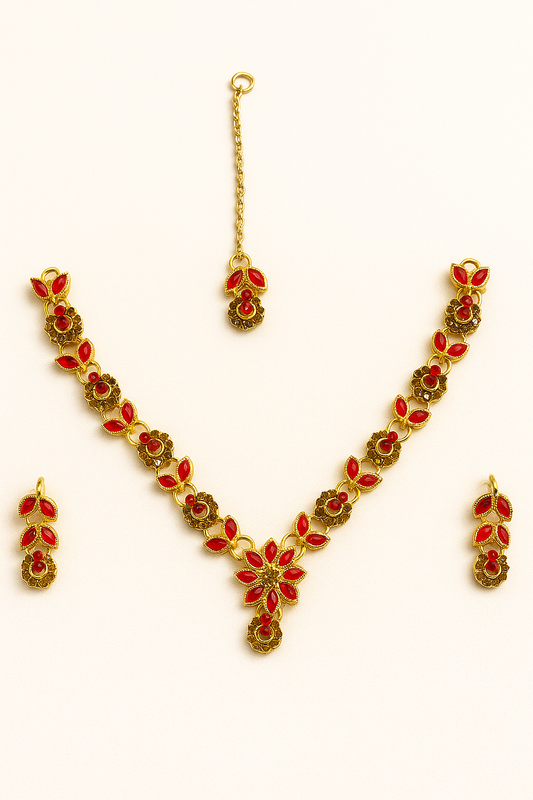 "Elegant Red Stone Floral Jewelry Set – Necklace, Earrings & Maang Tikka – Gold Plated Bridal Set"