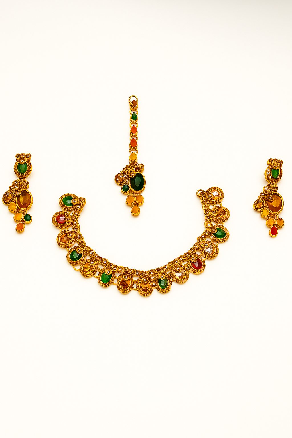 Traditional Gold-Plated Multicolor Stone Jewelry Set – Necklace, Earrings & Maang Tikka