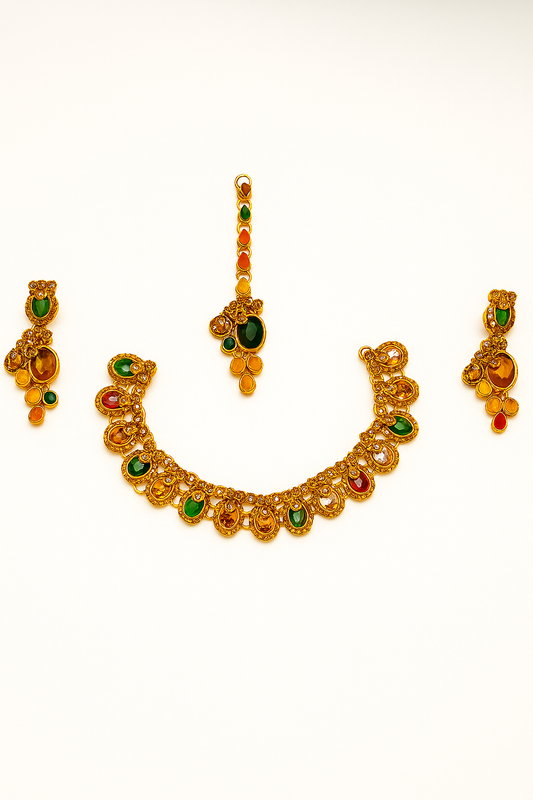 Traditional Gold-Plated Multicolor Stone Jewelry Set – Necklace, Earrings & Maang Tikka