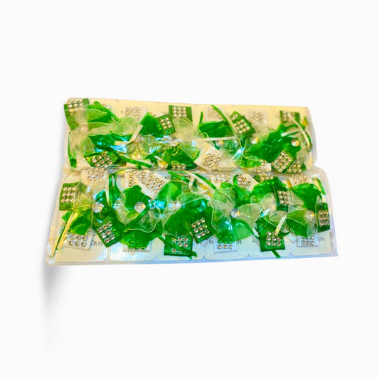 Green Ribbon & Stone Hair Clips – 14 August Independence Day Special (Pack of 12)