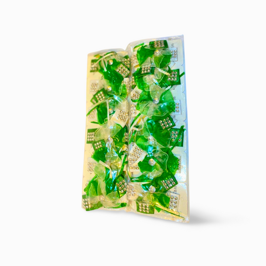 Green Ribbon & Stone Hair Clips – 14 August Independence Day Special (Pack of 12)