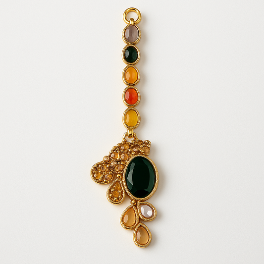 Traditional Gold-Plated Multicolor Stone Jewelry Set – Necklace, Earrings & Maang Tikka